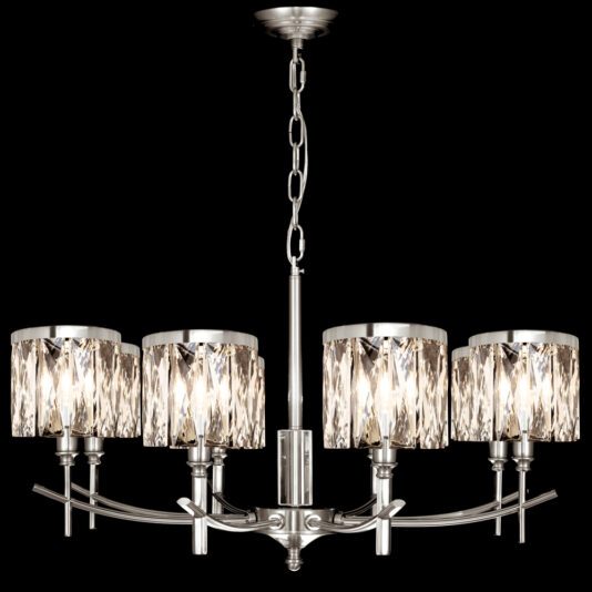 The High End 8 Arm Nickel Chandelier boasts a contemporary design with elegant touches, featuring eight lights encased in cylindrical, faceted crystal shades. The chandelier has a sleek nickel finish and is suspended from a chain connected to a circular ceiling mount, blending modern sophistication with timeless elegance.
