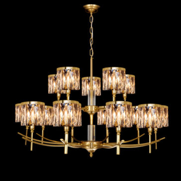 High End Gold Chandelier A luxurious chandelier with a gold finish and multiple tiers of crystal lamp shades hangs against a black background. It features twelve light fixtures arranged in an elegant, symmetrical design, each adorned with vertical crystal prisms that reflect light.