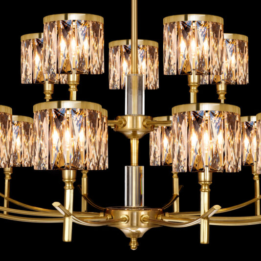 High End Gold Chandelier A luxurious chandelier with multiple candle-like lights encased in cylindrical, textured glass shades. The fixture is made of polished gold metal with intricate detailing, giving it an elegant and opulent appearance.
