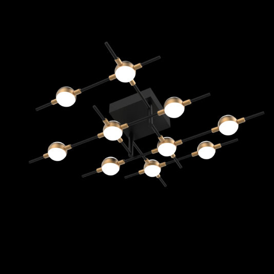 Introducing the Luxury Black And Gold 10 Bulb Ceiling Light, a modern fixture that boasts an elegant black and gold design with multiple intersecting rods. Each rod is adorned with circular gold accents and bright, round white lights at the ends. This stunning piece is mounted on a square black base set against a sleek black background.