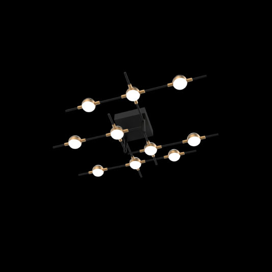 The Luxury Black And Gold 10 Bulb Ceiling Light is a modern fixture featuring a grid design with horizontal and vertical black bars, each ending in spherical white bulbs. This sleek and minimalist ceiling light expertly combines contemporary style with functional illumination.