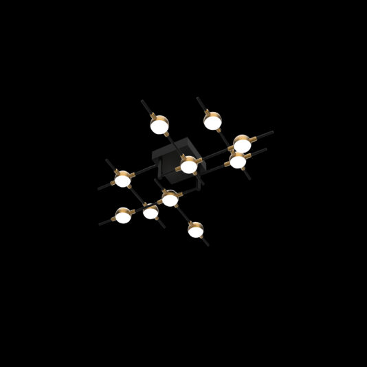 The Luxury Black And Gold 10 Bulb Ceiling Light is a sophisticated chandelier with ten round white bulbs arranged in an abstract, geometric pattern. The bulbs are connected by black rods featuring gold accents, exuding a contemporary design against a sleek black backdrop.