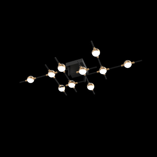 Introducing the Luxury Black And Gold 10 Bulb Ceiling Light, a sophisticated lighting fixture that boasts a rectangular base and an intricate geometric design with intersecting rods. Each rod ends with a round white bulb, resulting in a structured and elegant ambiance.