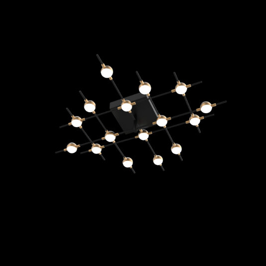 The Luxury Black and Gold 16 Flush Ceiling Light is a modern geometric ceiling fixture with multiple small, spherical bulbs arranged in a grid pattern. These bulbs are connected by sleek, black rods adorned with touches of gold, creating an atmosphere of minimalist and contemporary design against a dark background.