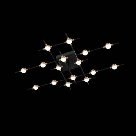 The Luxury Black And Gold 16 Flush Ceiling Light is a luxurious ceiling light fixture that boasts a geometric design with a grid of interconnected black rods and circular, white light bulbs at the intersections. The rods form right angles, while the bulbs emit a subtle, elegant glow.