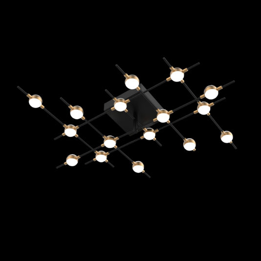 The Luxury Black And Gold 16 Flush Ceiling Light is a modern fixture with a geometric design that features multiple black metal rods arranged in a grid pattern, each ending in a round, white light. Its sleek, contemporary appearance is enhanced by gold accents at the base of each light.