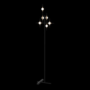The Luxury Black And Gold 6 Light Floor Lamp features a minimalist stand with multiple branches, each ending in spherical white bulbs. Its geometric design boasts six glowing bulbs arranged in a symmetrical pattern.