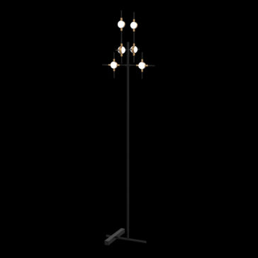 Product Information: The Luxury Black And Gold 6 Light Floor Lamp features an elegant tall structure with multiple adjustable arms that hold spherical white light bulbs. Combining modern minimalism and contemporary aesthetics, it stands on a sturdy rectangular base. It is depicted against a black background, highlighting its luxurious design.