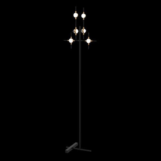 Product Information: The Luxury Black And Gold 6 Light Floor Lamp features an elegant tall structure with multiple adjustable arms that hold spherical white light bulbs. Combining modern minimalism and contemporary aesthetics, it stands on a sturdy rectangular base. It is depicted against a black background, highlighting its luxurious design.