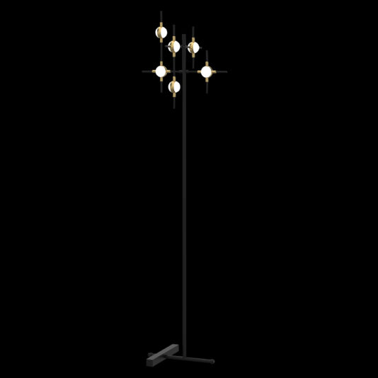 Luxury Black And Gold 6 Light Floor Lamp Product Name: Luxury Black and Gold 6 Light Floor Lamp
A contemporary luxury floor lamp featuring a sleek black and gold finish. This tall lamp has six round, white light globes arranged in an elegant geometric pattern. It showcases a minimalist design with lights positioned at varying heights, all supported by a sophisticated cross-shaped base.