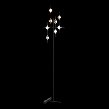 The Luxury Black and Gold 8 Light Floor Lamp features a modern design with a black metal stand and multiple crossbars, each adorned with illuminated spherical bulbs. This tall, slender floor lamp adds minimalistic elegance to any space, set against a striking black background.