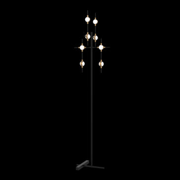 The Luxury Black And Gold 8 Light Floor Lamp features a tall stand with multiple crossbar arms, each adorned with spherical white light fixtures at their ends, arranged in a symmetrical pattern. The lamp stands on an elegant minimalist black base.