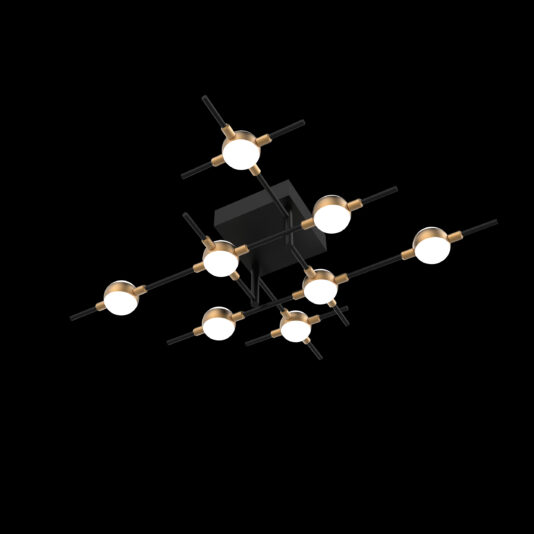 Introducing the Luxury Black And Gold 8 Light Ceiling Light: a modern, luxurious ceiling fixture featuring intersecting rods, each ending with a round white light encased in a gold ring. With 8 lights arranged in an elegant geometric pattern radiating from a central black square base, it enhances any space with its sophisticated design on a black background.