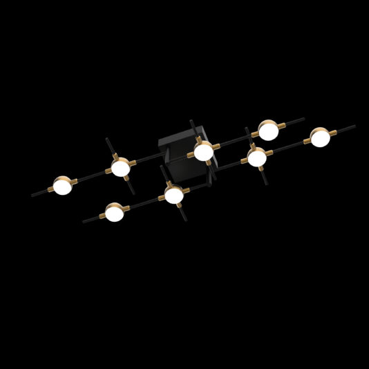 The Luxury Black And Gold 8 Light Ceiling Light, a modern chandelier, showcases a rectangular central block with multiple rod-like arms extending in various directions, each terminating in a small round light fixture encased in sophisticated white and gold accents.