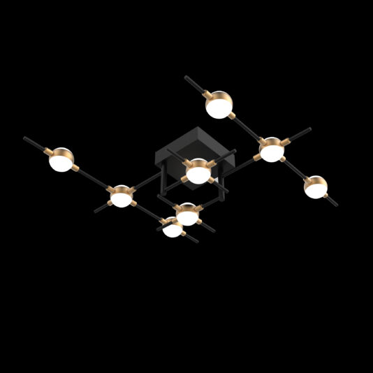 The Luxury Black And Gold 8 Light Ceiling Light is a contemporary chandelier with multiple intersecting black rods adorned with eight spherical white lights, each housed in a gold-toned holder. It features a square black base, providing a modern and stylish lighting solution.