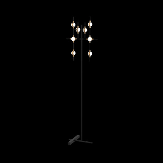 Introducing the Luxury Black and Gold 8-Light Floor Lamp, featuring a sleek black metal stand with asymmetrically arranged spherical light fixtures at varying heights. Each light is encircled by metallic accents, creating a striking contrast against a plain black background.