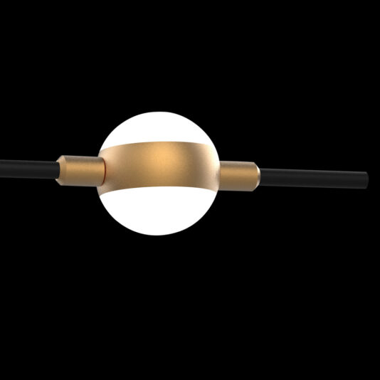 The Luxury Black And Gold Wall Light showcases a contemporary lamp design with a white spherical light encased in a striking gold ring-like structure. Black rods extend horizontally from either side of the sphere, all set against an elegant black backdrop.