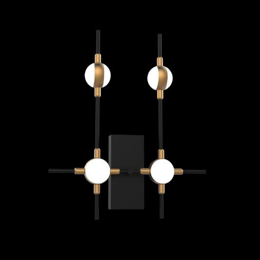 Introducing the Luxury Black And Gold Wall Light, a modern wall-mounted fixture featuring an abstract design with four spherical lamps. Each sphere is elegantly attached to a black rod accented with brass, arranged in a cross-like formation against a sleek black rectangular backplate. This exquisite piece adds a touch of sophistication to any space.