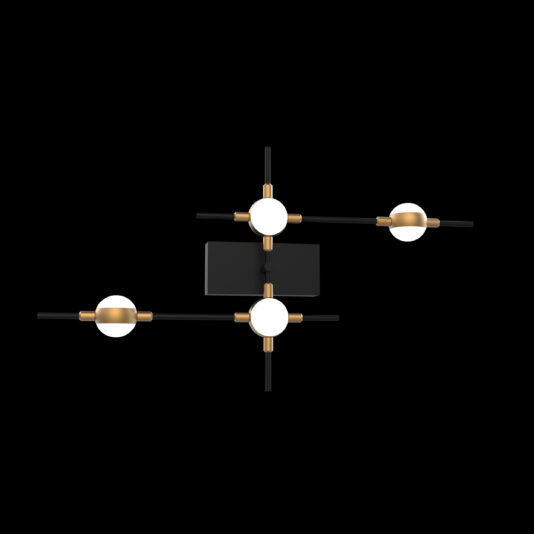 The Luxury Black And Gold Wall Light features three spherical white bulbs, each elegantly mounted on a black rod with gold accents. The design forms an asymmetric geometric pattern, all set against a sleek black rectangular base and background.