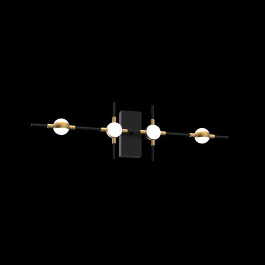 Introducing the Luxury Black And Gold Wall Light, showcasing a modern rectangular base adorned with four spherical white bulbs aligned horizontally. These elegant bulbs are linked by sleek black rods embellished with gold accents, creating a contemporary and stylish design against a sophisticated black background.