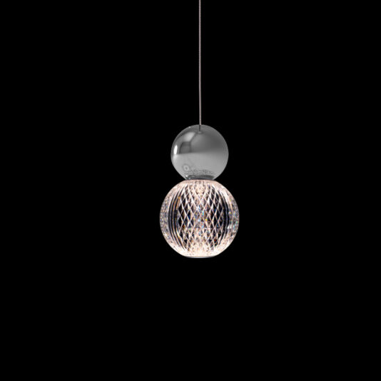 Luxury Chrome Crystal LED Pendant Light The Luxury Chrome Crystal LED Pendant Light boasts a modern, spherical design with intricate crisscrossing patterns. This elegant chrome fixture allows LED light to shine through its crystal accents, creating a stylish and sophisticated effect. The pendant is suspended from a thin cord against a black background.