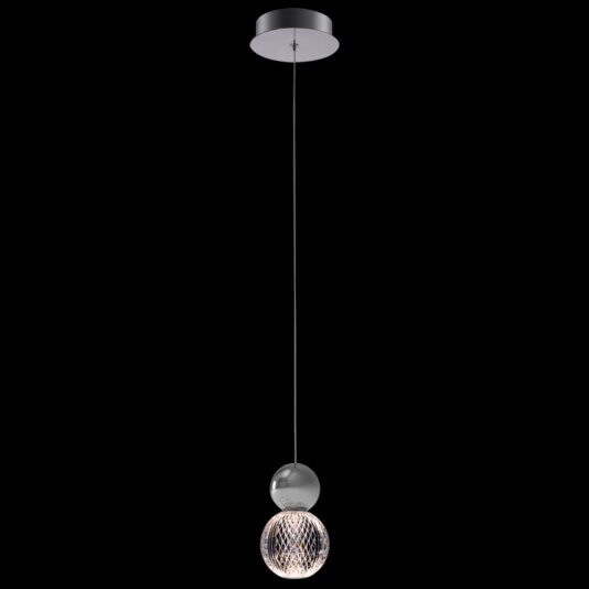 The Luxury Chrome Crystal LED Pendant Light is a sleek, modern masterpiece featuring a spherical LED light fixture with an intricate geometric lattice design. It is highlighted by chrome and crystal accents and is elegantly suspended by a single thin wire from a round ceiling mount against a black background.