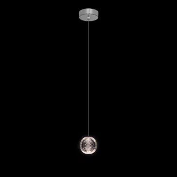 Luxury Chrome Crystal Pendant Light A modern pendant light fixture hangs from the ceiling with a single, thin cord. The light features a spherical, patterned design and emits a soft glow, creating a minimalist and elegant effect against a black background.
