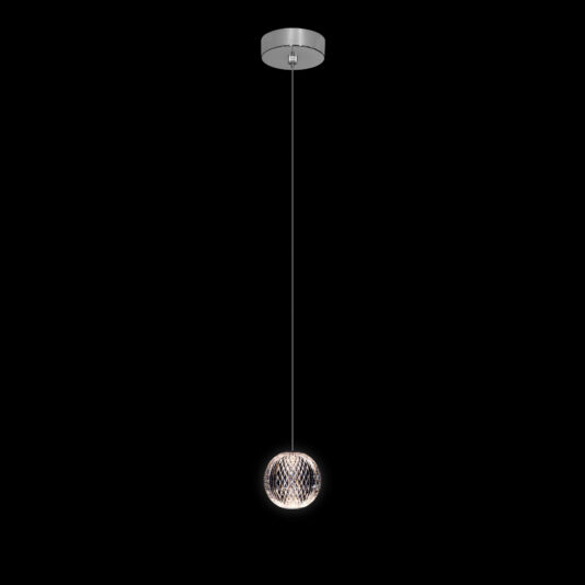A modern pendant light fixture hangs from the ceiling with a single, thin cord. The light features a spherical, patterned design and emits a soft glow, creating a minimalist and elegant effect against a black background.