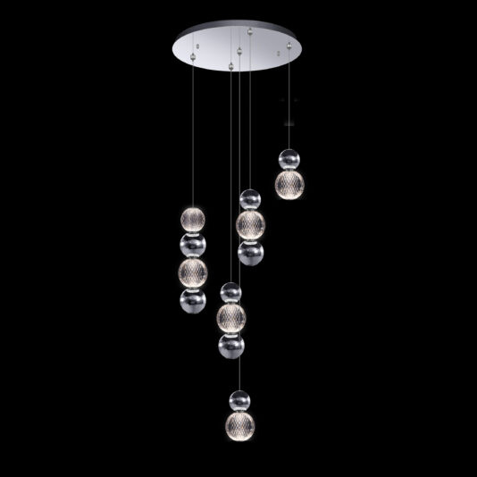 The Luxury Chrome LED Pendant Light features multiple hanging LED light bulbs encased in reflective, spherical glass. The bulbs are suspended at varying heights from a circular ceiling plate, creating an elegant, cascading effect against a black background.