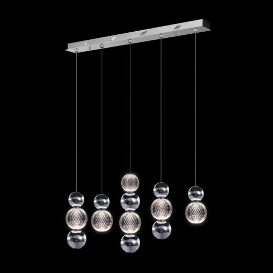 The Luxury Chrome LED Pendant Light Bar is a contemporary fixture featuring five suspended strands, each adorned with two spherical shades of varying sizes. The shades boast a metallic finish and intricate internal detailing, creating a modern and artistic effect against a black backdrop.