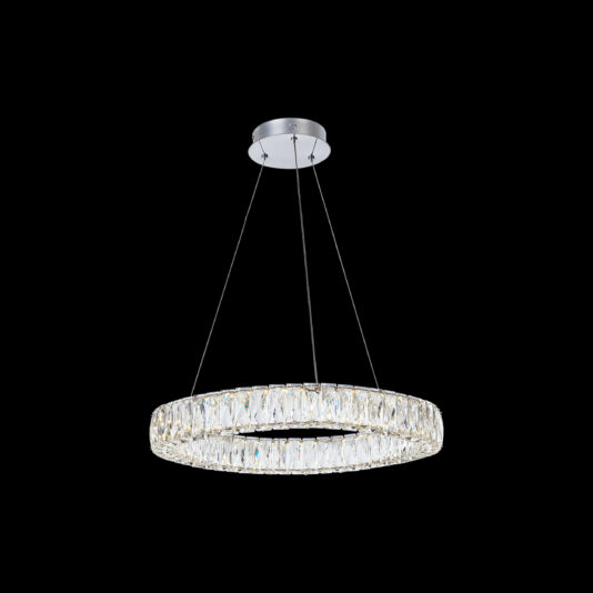 Luxury Round Crystal Chandelier The Luxury Round Crystal Chandelier with a sleek metallic frame is elegantly suspended from the ceiling by three thin wires against a black background. This modern design incorporates numerous crystal elements, resulting in a sophisticated and elegant lighting fixture.