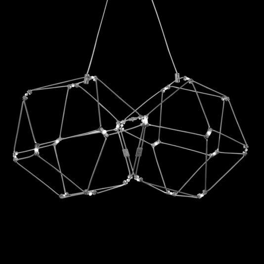 Suspended against a black background, this geometric wireframe structure showcases interconnected hexagonal and pentagonal shapes. Featuring symmetrical design elements and metallic joints, it closely resembles the Luxury Double Prism Stainless Steel Wall Light.