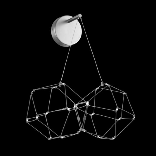 The Luxury Double Prism Stainless Steel Wall Light features a modern, minimalist design with a circular base that supports two interconnected geometric wireframe structures, each resembling polyhedrons. This sleek and artistic wall lamp makes a striking statement against a solid black background.