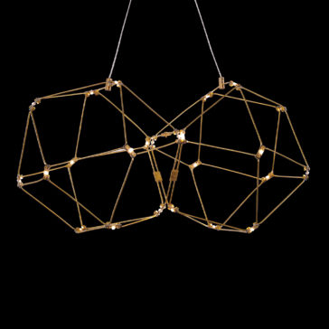 Luxury Double Prism Brass Wall Light The Luxury Double Prism Brass Wall Light is a modern pendant fixture featuring intertwined polygonal brass structures. Each structure is adorned with small, integrated LED lights, creating an elegant and contemporary double prism focal point against a black background.