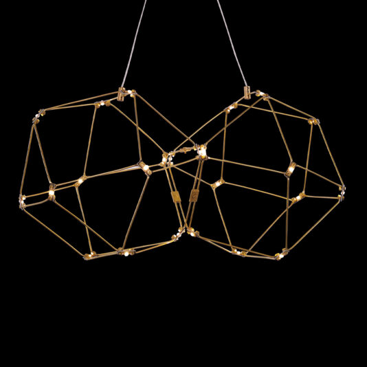 Luxury Double Prism Brass Wall Light The Luxury Double Prism Brass Wall Light is a modern pendant fixture featuring intertwined polygonal brass structures. Each structure is adorned with small, integrated LED lights, creating an elegant and contemporary double prism focal point against a black background.