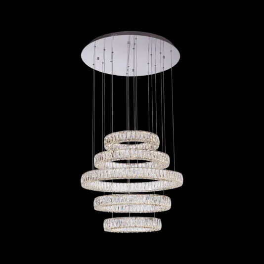 Introducing the Luxury Five Ring Crystal Chandelier, a stunning fixture featuring five LED-lit rings suspended in a tiered arrangement from a round, white ceiling plate. The rings decrease in size from top to bottom, creating an elegant cascading effect against a black background.