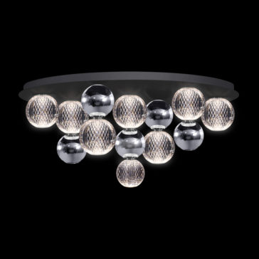 Luxury Chrome Globe Ceiling Light Introducing the Luxury Chrome Globe Ceiling Light: a sophisticated ceiling fixture adorned with numerous spherical bulbs. Each globe showcases a textured, metallic pattern and emits a bright, white light. The black mounting base provides a stunning contrast to the shimmering spheres, all set against a solid black background.