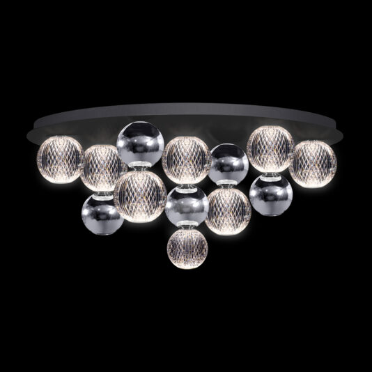 Introducing the Luxury Chrome Globe Ceiling Light: a sophisticated ceiling fixture adorned with numerous spherical bulbs. Each globe showcases a textured, metallic pattern and emits a bright, white light. The black mounting base provides a stunning contrast to the shimmering spheres, all set against a solid black background.