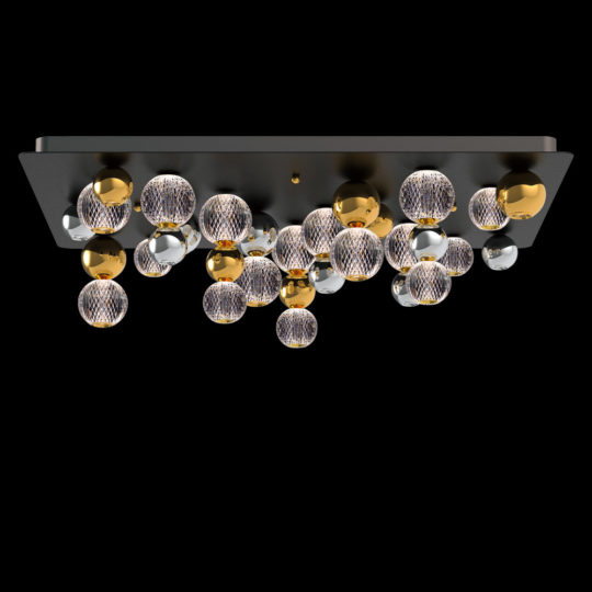 The Luxury Gold And Silver Ceiling Light Cluster showcases a modern ceiling light fixture with a black rectangular base adorned with numerous suspended luxury gold globes and spheres. These spheres come in varying colors, including gold, silver, and patterned transparent glass, resulting in an elegant and contemporary design.