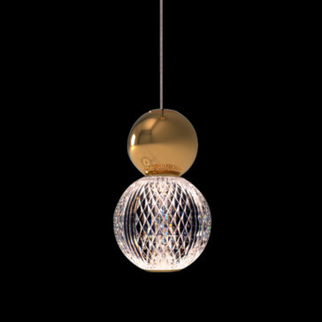Luxury Gold Crystal LED Pendant Light The Luxury Gold Crystal LED Pendant Light features a suspended, spherical design with a smooth, chrome-gold top and a geometric, crystal-like patterned lower half that glows brightly. Against a black background, the elegant fixture stands out in all its sophisticated beauty.