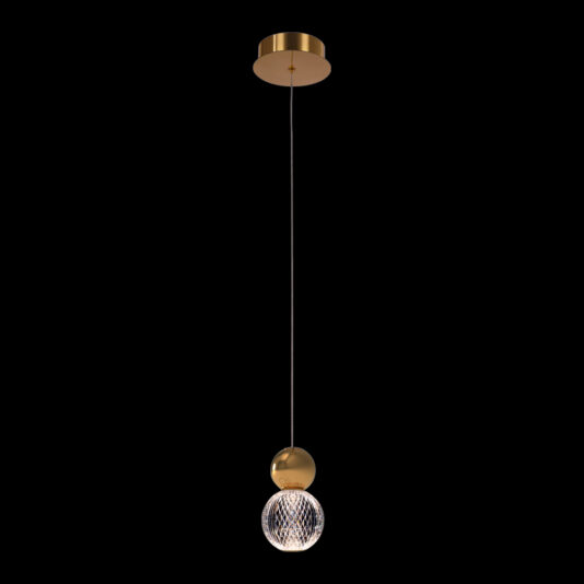 The Luxury Gold Crystal LED Pendant Light boasts a gold ceiling mount and a single drop cord that suspends a spherical, intricately patterned glass light fixture. Its sleek design is accentuated by chrome elements and an energy-efficient LED bulb, infusing spaces with contemporary elegance. The glass sphere emits a crystal-clear glow against its black background, creating a striking visual impact.