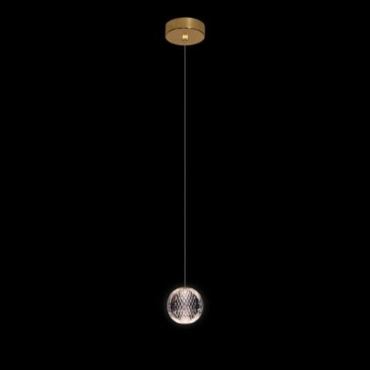 A single spherical pendant light hangs from a thin wire attached to a round, gold-colored ceiling mount. The globe-shaped light fixture has a geometric pattern and emits a soft glow, contrasting against the black background.
