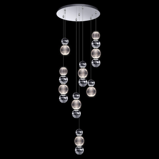 The Luxury Round Chrome Crystal LED Pendant Light showcases a stunning arrangement of glowing, spherical glass orbs suspended at different lengths from a circular ceiling base. Each orb emits a radiant light, forming an elegant and contemporary lighting fixture that stands out beautifully against a dark background.