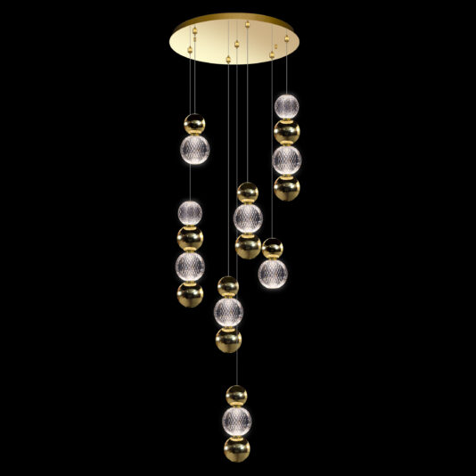Introducing the Luxury Round Gold Crystal LED Pendant Light, featuring a gold-colored circular base adorned with multiple hanging light fixtures. Each fixture includes a spherical light encased in a delicate net-like pattern, paired with metallic gold spheres. The lights are thoughtfully arranged at varying heights, epitomizing elegance and luxury.