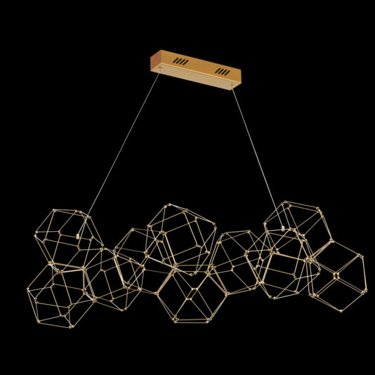 A modern chandelier, the **Luxury Set of 10 Prism Brass Pendant Lights**, showcases geometric gold wireframe polyhedrons interconnected and suspended from a rectangular gold ceiling mount by two thin cables, all set against a black background.