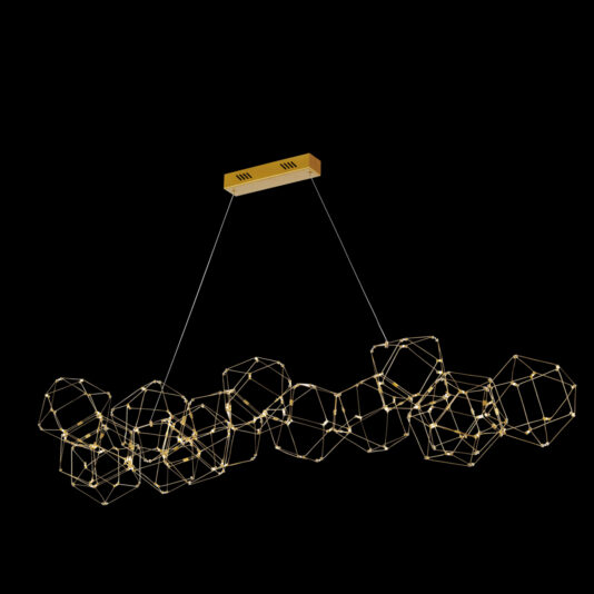 The Luxury Set of 14 Prism Brass Pendant Lights forms a contemporary geometric chandelier, showcasing interconnected wireframe polyhedrons each housing small lights, all suspended from a rectangular gold ceiling mount by two thin cords against a black backdrop.