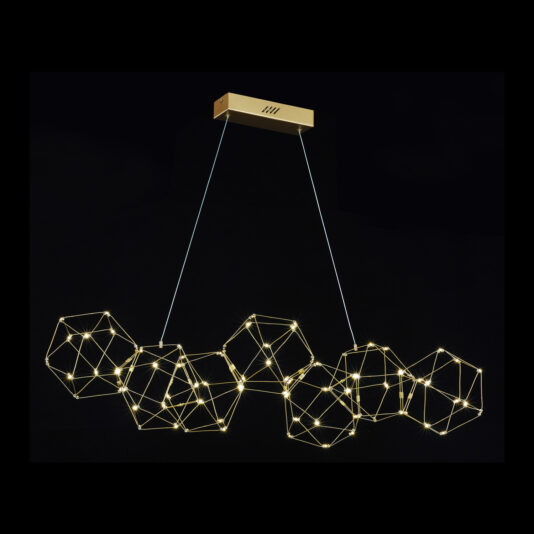 Introducing the Luxury Set of 7 Prism Brass Pendant Lights: a modern, artistic ceiling fixture featuring geometric polyhedral shapes connected in a line. Each shape is composed of thin metallic rods that intersect to form an intricate network with small lights placed at the vertices, creating a glowing design against a dark background.