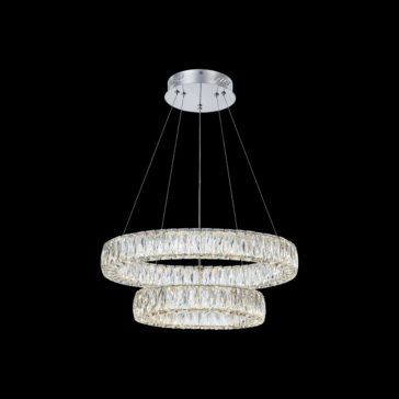 Luxury Tiered Crystal Chandelier The Luxury Tiered Crystal Chandelier features a sleek, silver base and multiple rings embedded with sparkling crystal accents. Suspended by thin cables, it creates an elegant, floating appearance against a solid black background.