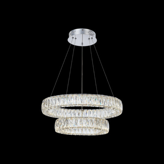 The Luxury Tiered Crystal Chandelier features a sleek, silver base and multiple rings embedded with sparkling crystal accents. Suspended by thin cables, it creates an elegant, floating appearance against a solid black background.