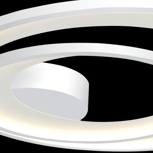 Luxury White Double Ring Ceiling Light The Luxury White Double Ring Ceiling Light is a modern, abstract light fixture featuring concentric white rings and a central cylindrical piece, all against a black background. It emits a soft, warm glow from the inner edges of the rings.